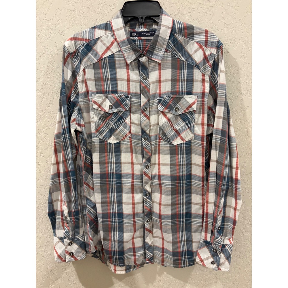 BKE Mens Standard Fit Plaid Western Button Down Shirt White Blue Red Medium